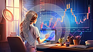 Woman working finance trade manager analyzing stock future market illustration