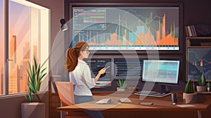 Woman working finance trade manager analyzing stock future market illustration