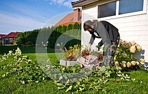 Woman working in a garden, cutting excess twigs of plants