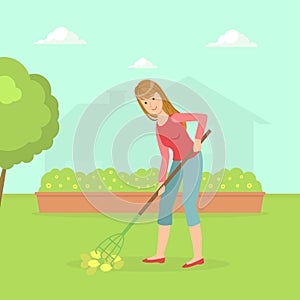 Woman Working in Garden with Rake, Housewife Cleaning Backyard With Gardening Tool Vector Illustration