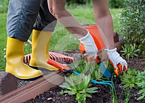 Woman working in garden with shovel and rake