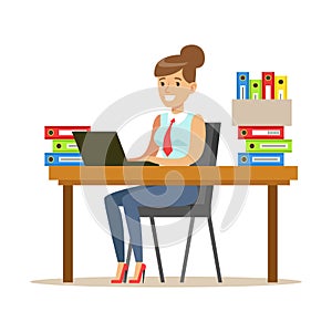 Woman Working At Her Desk With Computer And Folders, Part Of Office Workers Series Of Cartoon Characters In Official