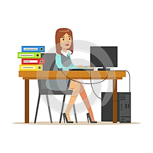 Woman Working At Her Desk With Computer And Folders, Part Of Office Workers Series Of Cartoon Characters In Official