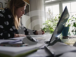 Woman Working at home in bathrobe