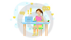 Woman Working From Home Freelance With Laptop Cartoon People Character Concept Illustration Vector Design Style With Leaves