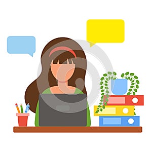 Woman working from home. Home office concept. Freelancer, student, teacher. The girl works or studies. Vector illustration in flat