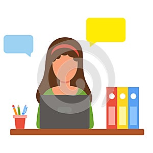 Woman working from home. Home office concept. Freelancer, student, teacher. The girl works or studies. Vector illustration in flat