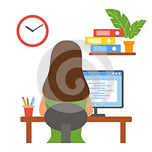 Woman working from home. Home office concept. Freelancer, student, teacher. The girl works or studies. Vector illustration in flat