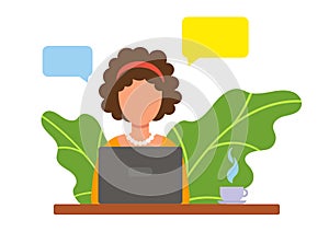 Woman working from home. Home office concept. Freelancer, student, teacher. The girl works or studies. Vector illustration in flat