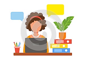 Woman working from home. Home office concept. Freelancer, student, teacher. The girl works or studies. Vector illustration in flat
