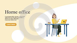 Woman Working at Home Office. Character Sitting at Desk in Room, Looking at Computer Screen