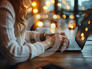 Woman working at home office hand on keyboard close up, business woman hand typing on laptop computer keyboard,