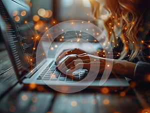 Woman working at home office hand on keyboard close up, business woman hand typing on laptop computer keyboard,