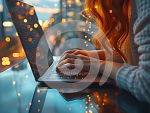 Woman working at home office hand on keyboard close up, business woman hand typing on laptop computer keyboard,