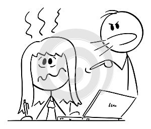 Woman Working at Home Office or Worker Typing on Computer, Husband or Boss is Yelling, Vector Cartoon Stick Figure
