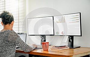 Woman working from home, while in quarantine isolation during the Covid-19 health crisis, Home working to avoid virus disease