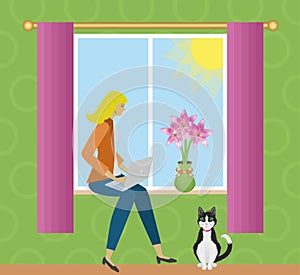 Woman working at home, sitting in window with laptop. Vector illustration.