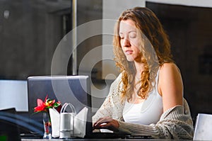 Woman is working on laptop