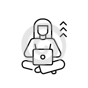 Woman working at laptop with arrows behind her. Career growth and success at remote jobs. Pixel perfect vector