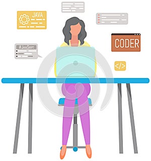 Woman working with laptop and computer at desk. Software developer programmer, system administrator