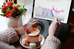 Woman working on a laptop and drinking coffee.