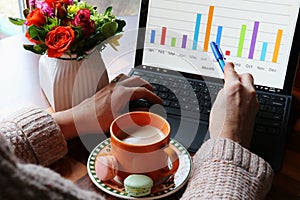 Woman working on a laptop and drinking coffee.