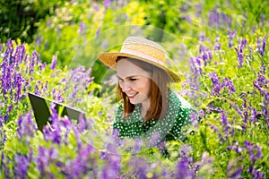 Woman working on laptop in field of flowers. mobile Internet in rural areas