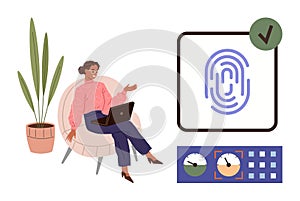 Woman working on laptop with fingerprint authentication and technology elements for secure access