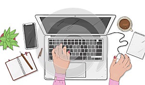 Woman working on a laptop. Hands on computer keyboard and mouse on white background.