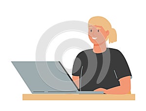 Woman working with a laptop in her cozy workplace. She waves her hand towards the screen. Joyful