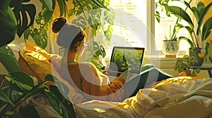 woman working on a laptop at home on the couch in a comfortable atmosphere