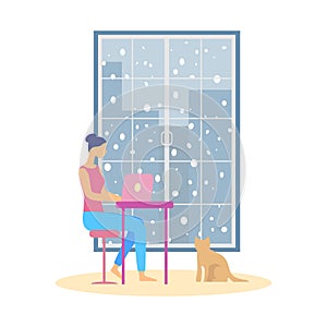 Woman working on laptop at home  it is snowing outside the window. Vector