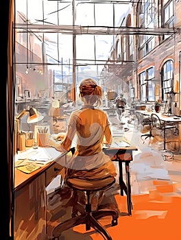 Woman Working At Loft Office, A Woman Sitting At A Desk Looking Out A Window