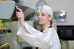 woman working at lunch at buffet