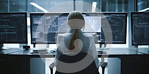 Woman working in modernoffice. working on a desk doing science with computers. photo