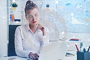 Woman working in office, network and infographics