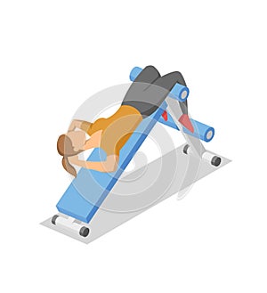 Woman working out on abdominal bench in the gym. Colorful isometric illlustration of fitness equipment in action. Flat
