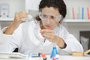 Woman working with pipettes in lab photo