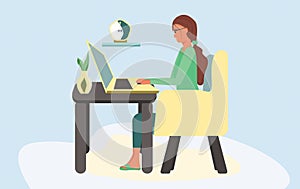 Woman working remotely at home, design concept, freelancer, illustration