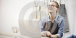 Woman Working Showroom Smiling Connection Labtop Concept photo
