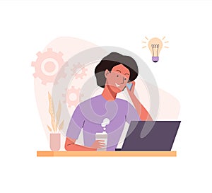 Woman working at the table with laptop talking on the phone Bright creative idea concept during coffee break