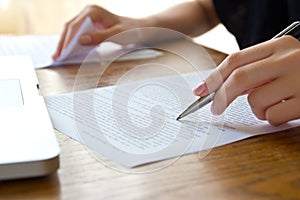 Woman working with text