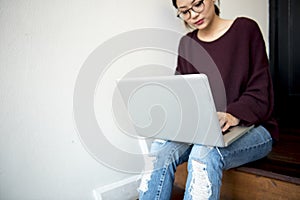 Woman Working Using Laptop Techie Concept photo