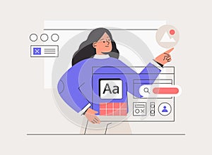 Woman working on web and application development on computers. Woman character working on website or application, ui ux