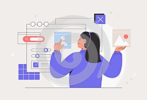 Woman working on web and application development on computers. Woman character working on website or application, ui ux