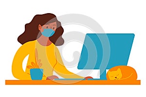 Woman works on computer at home. Stay home. Work from home during quarantine social distancing period of pandemic corona virus or