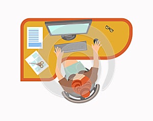 Woman works on computer at office isolated illustration