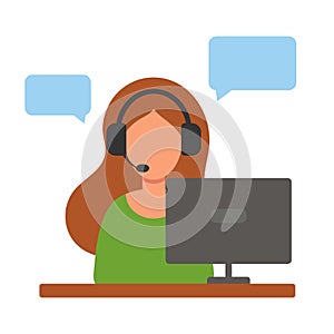 The woman works at the computer. Remote work. Home office. Freelancer, dispatcher, student, teacher. Online customer service.