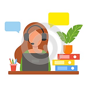 The woman works at the computer. Remote work. Home office. Freelancer, dispatcher, student, teacher. Online customer service.