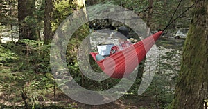 A woman works on a laptop in a hammock on the river bank in a beautiful forest